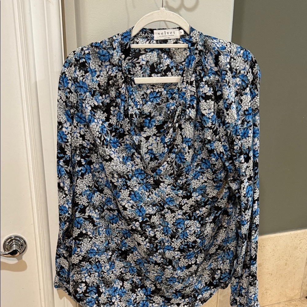 Velvet Women's Top with Blue and Black Floral Design